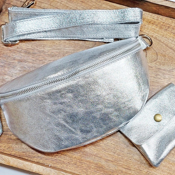 Silver belly bag, purse, Leather Shoulder Crossbody Belt Bag Silver Details, Fanny leather bag, Leather Cross body, Waist bag