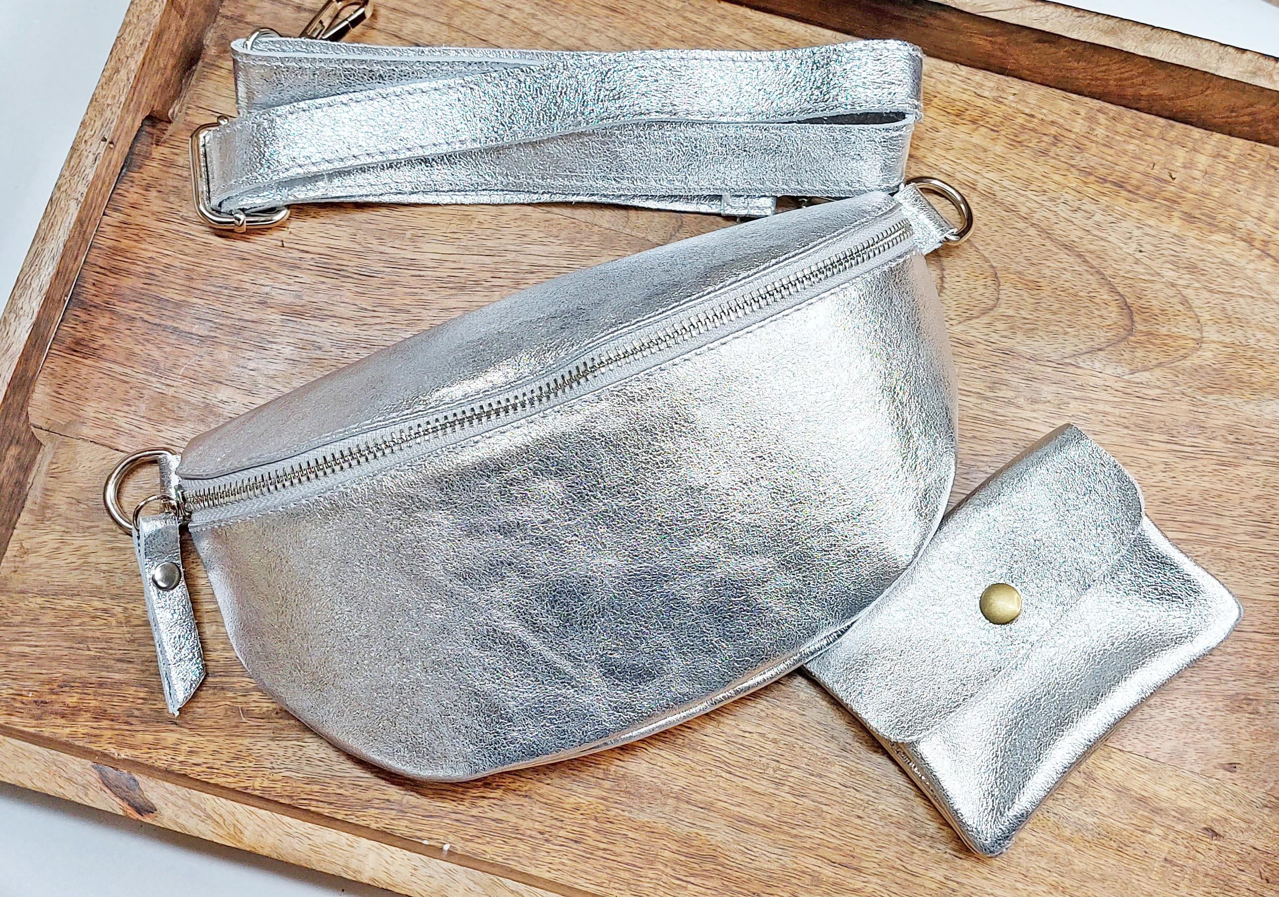 Silver Belly Bag, Purse, Leather Shoulder Crossbody Belt Bag