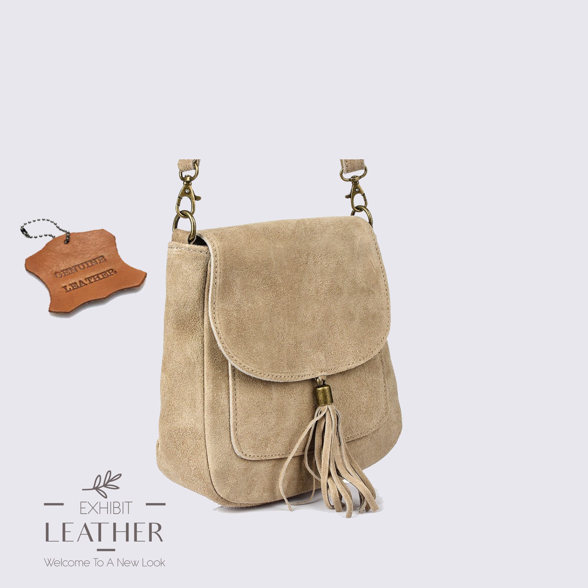 Taupe Suede Real Leather Small Crossbody Bag, Genuine