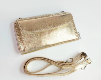 Gold Leather Cell Phone Wallet: Minimalist Crossbody Bag