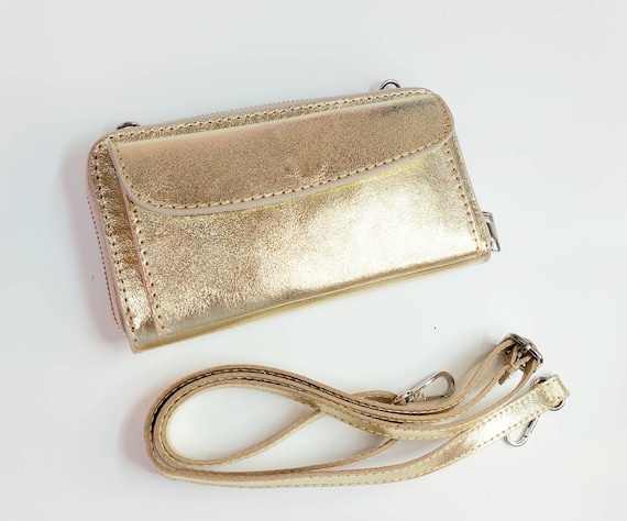 Cartera de cuero dorado para celular: bolso bandolera minimalista