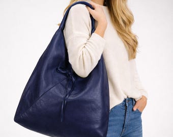 Italian Soft Genuine Leather Hobo Bag Navy Dark Blue Slouchy Tote Everyday Use