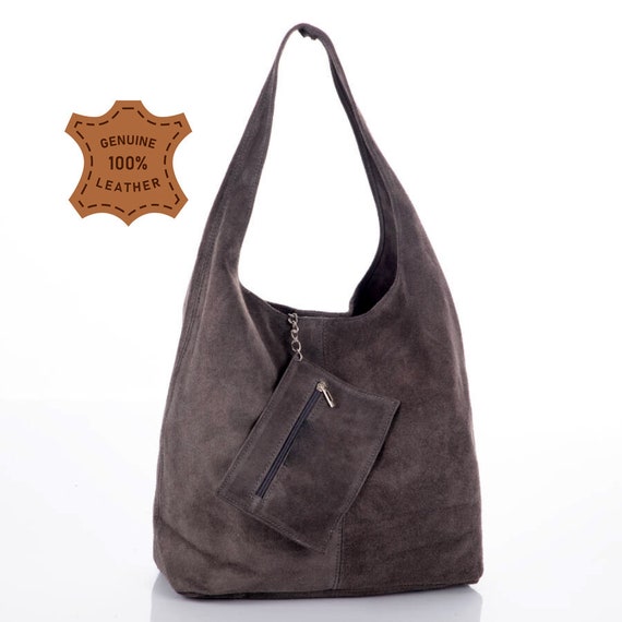 Dark Gray Suede Genuine Leather Hobo Shoulder Bag, Suede Leather 