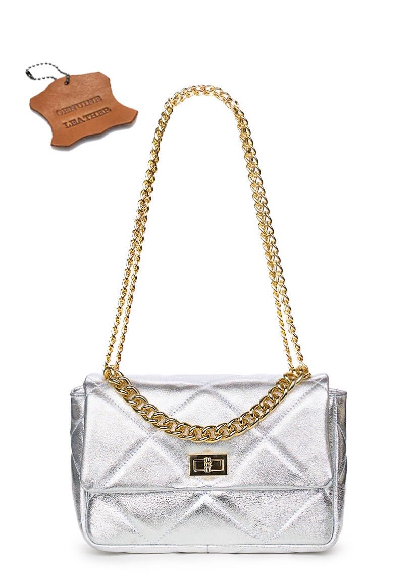 Quilted Genuine Leather Crossbody Handbag: Silver Metallic Quilted Genuine Leather Crossbody Handbag: Silver Metallic