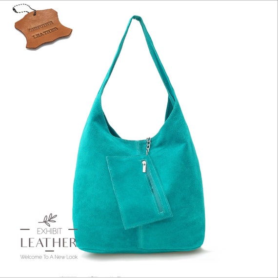 Turquoise Genuine Leather Hobo Shoulder Bag, Suede Leather