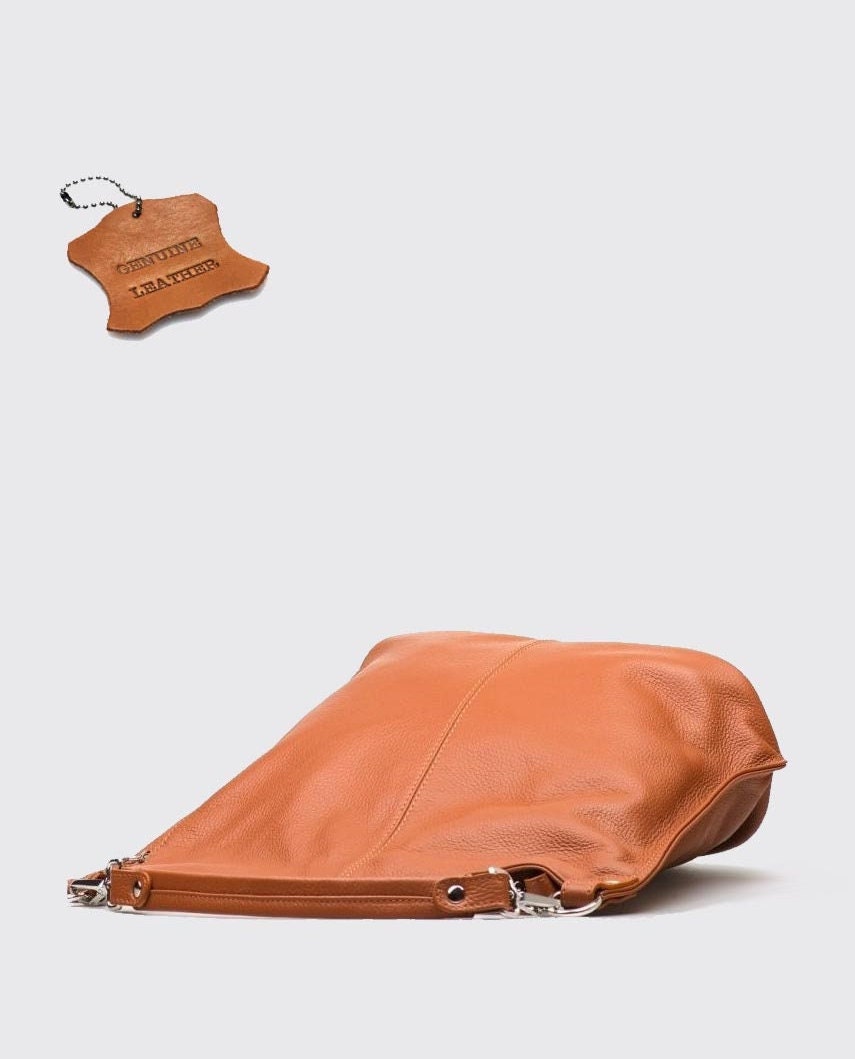 Cognac Brown Genuine Leather Top Zip Shoulder Bag, Leather