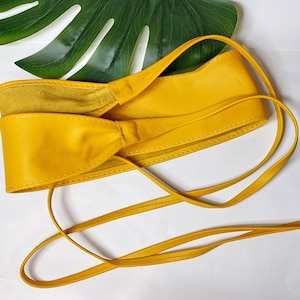 Mustard obi belt in natural soft leather. Kimono Waist belt, wide leather belt, mustard belt, wrap belt, boho sash, wraparound belt
