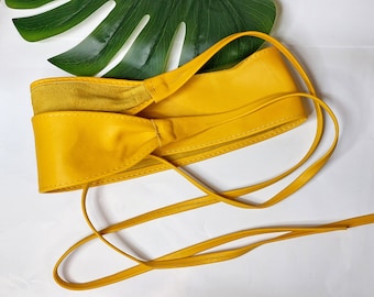 Mustard obi belt in natural soft leather. Kimono Waist belt, wide leather belt, mustard belt, wrap belt, boho sash, wraparound belt
