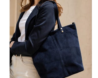 Marineblauwe schoudertas van echt suède leer: crossbodytas/shopper