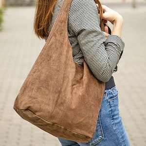 Dark taupe suede genuine leather hobo shoulder bag, Suede Leather Hobo Bag, Shopper Bag, Pale color Big Laptop Bag image 3