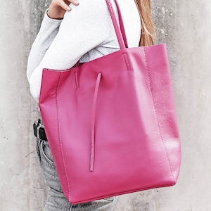 Echte Leder Tragetasche in Fuchsia, Leder Shopper in dunkel rosa, Weiche natürliche ECHT Leder Umhängetasche, Große rosa Tragetasche