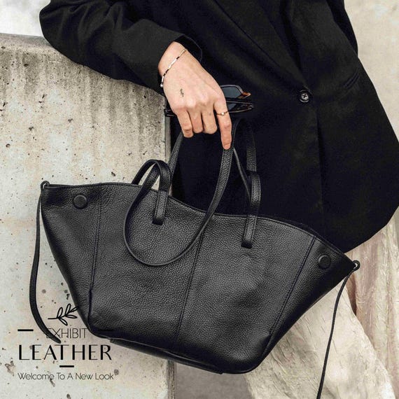 Black Leather Shoulder Bag: 2-in-1 Tote Shopper Purse - Etsy display picture 2