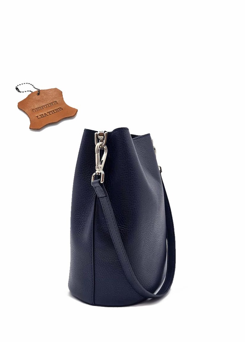 Sac seau en cuir véritable bleu marine, sac à main en cuir, sac à bandoulière, sac de couleur bleue, sac élégant en cuir véritable image 3