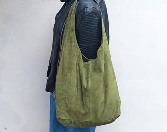 Military green suede genuine leather hobo shoulder bag, suede leather hobo bag, shopper, green colour big laptop bag