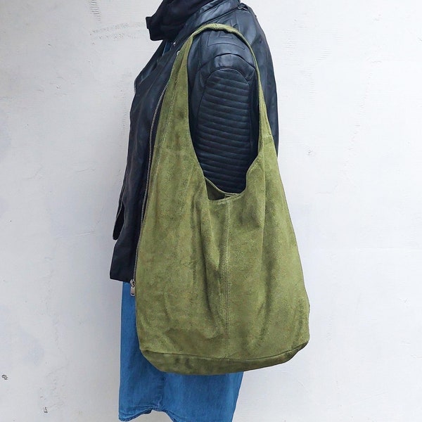 Military green suede genuine leather hobo shoulder bag, suede leather hobo bag, shopper, green colour big laptop bag