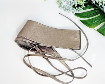Metallic Bronze Leather Obi Belt: Kimono Sash Wrap Belt