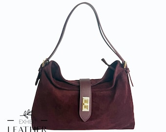 Sac à bandoulière souple en cuir de veau velours, 9 couleurs : finitions dorées, cuir véritable