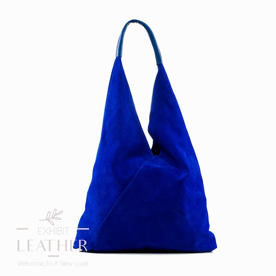 Cobalt Blue Suede Genuine Leather Hobo Shoulder Bag, Suede