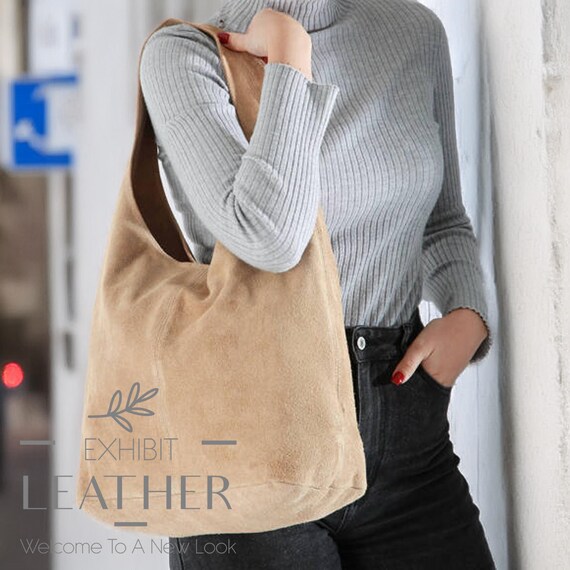 Taupe Suede Leather Hobo Bag: Large Shoulder Bag, Shopper  display picture 3