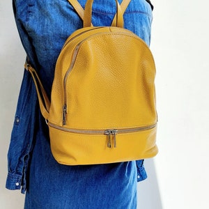 Mustard leather backpack, genuine leather backpack, top zip bag, backpack for girls, women's backpack, city bag, stylish backpack