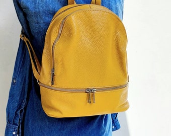 Yellow Italian Handmade Leather Backpack, Women display picture 1