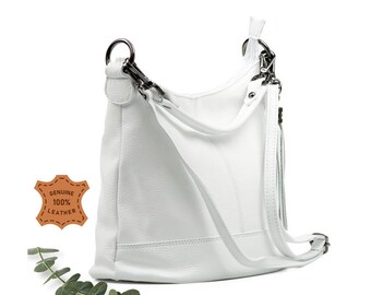 White Genuine Leather Top Zip Shoulder Bag With Tassel