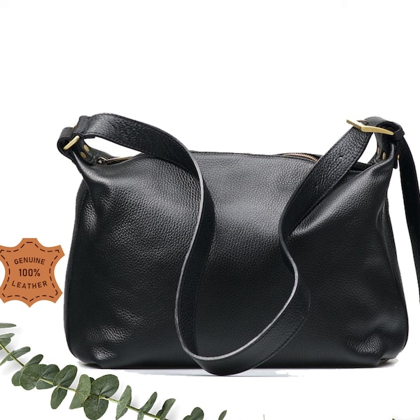 Top zip black leather cross body handbag, Cross body shoulder bag, genuine leather messenger bag, tablet book bag with zipper