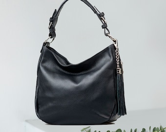 Schwarze Umhängetasche aus echtem Leder mit Quaste, Lederhandtasche, Shopper-Tasche, schwarze große Laptoptasche, elegante Echtledertasche