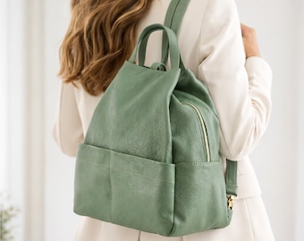 Sage Green Slouchy Backpack Faux Suede Vegan Leather Boho Zippered Travel Bag Sage Green Large Lightweight Backpack for Travel | Away main image 4