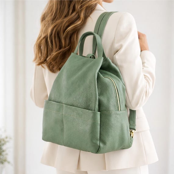 Italian Genuine Leather Convertible Backpack Handbag Shoulder Bag Italian Genuine Leather Sage Green Backpack, Convertible  main image 3