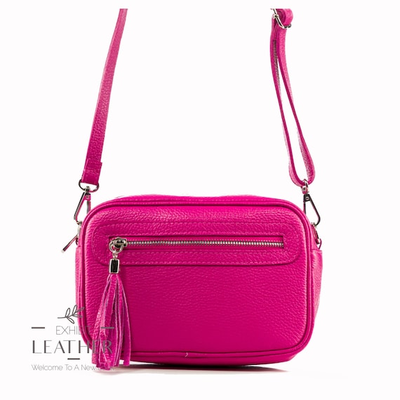 Fuchsia Real Leather Bag Cross Body Shoulder Bag Genuine Leather Messenger Bag Hot Pink Top Zip Party Bag Etsy