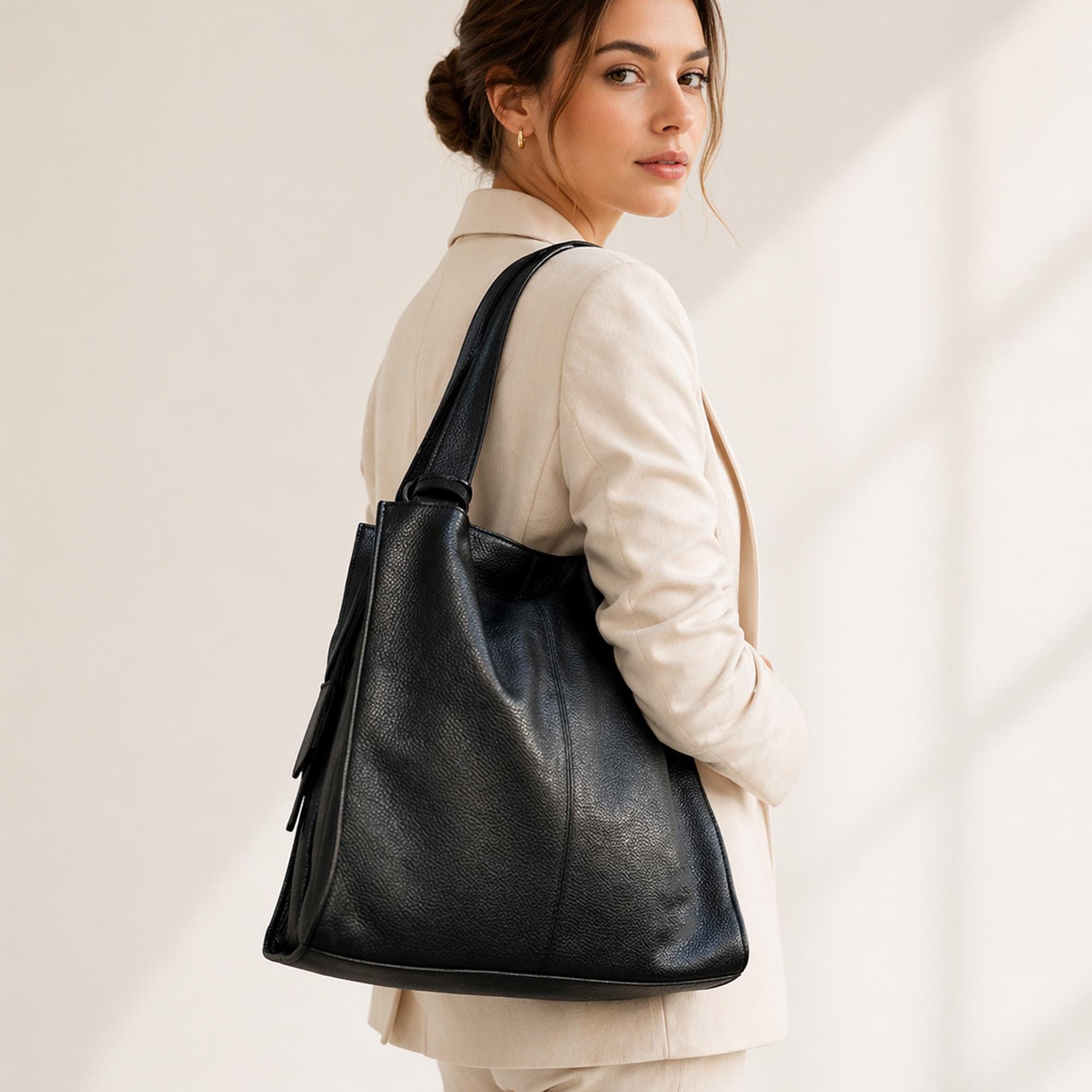 Black Leather Maxi Tote Bag: Top Zip XXL Shopper - Etsy