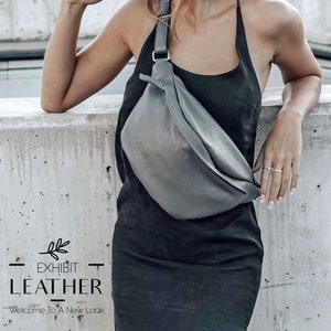 Gray Leather Belt Bag: Silver Details Crossbody Fanny Pack