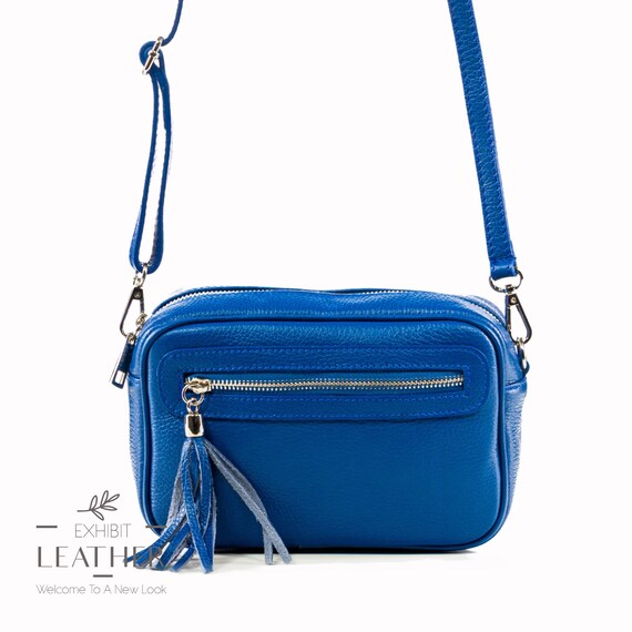Sacoche Barr + Barr En Cuir Véritable Bleue - Poches Zippées - Style Sac à Bandoulière
