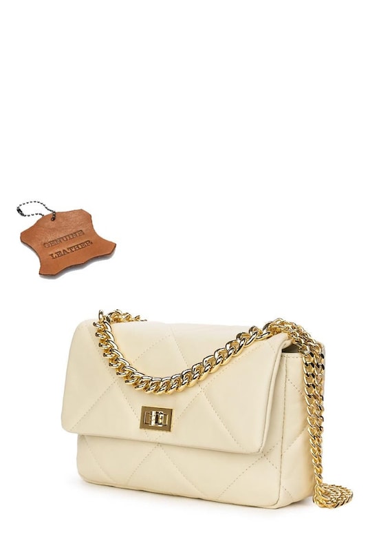 Luxury Beige and Gold Genuine Leather Quilted Handbag