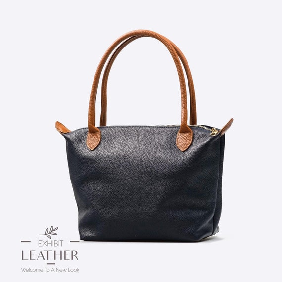 Navy Blue Leather Handbag: Cognac Brown Handles, Top Zip  display picture 2