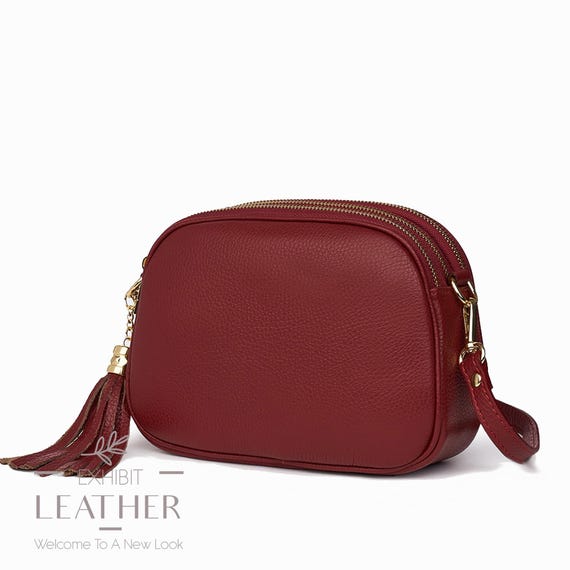 Genuine Leather Crossbody Bag: Red Tassel Purse With  display picture 3