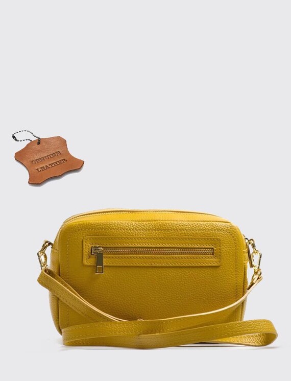 Pochette Bandoulière En Daim Moutarde - Cuir Véritable Made In Italy, Style Jour