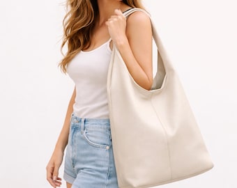 Beige Soft Calfskin Leather Hobo Bag: Top Zip Everyday Shoulder Bag in Real Leather
