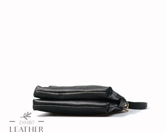Genuine leather cross body bag in black, top zip handbag, black real leather women multi pocket purse, cowhide cross body bag, city bag Genuine leather cross body bag in black, top zip handbag, black real leather women multi pocket purse, cowhide cross body bag, city bag