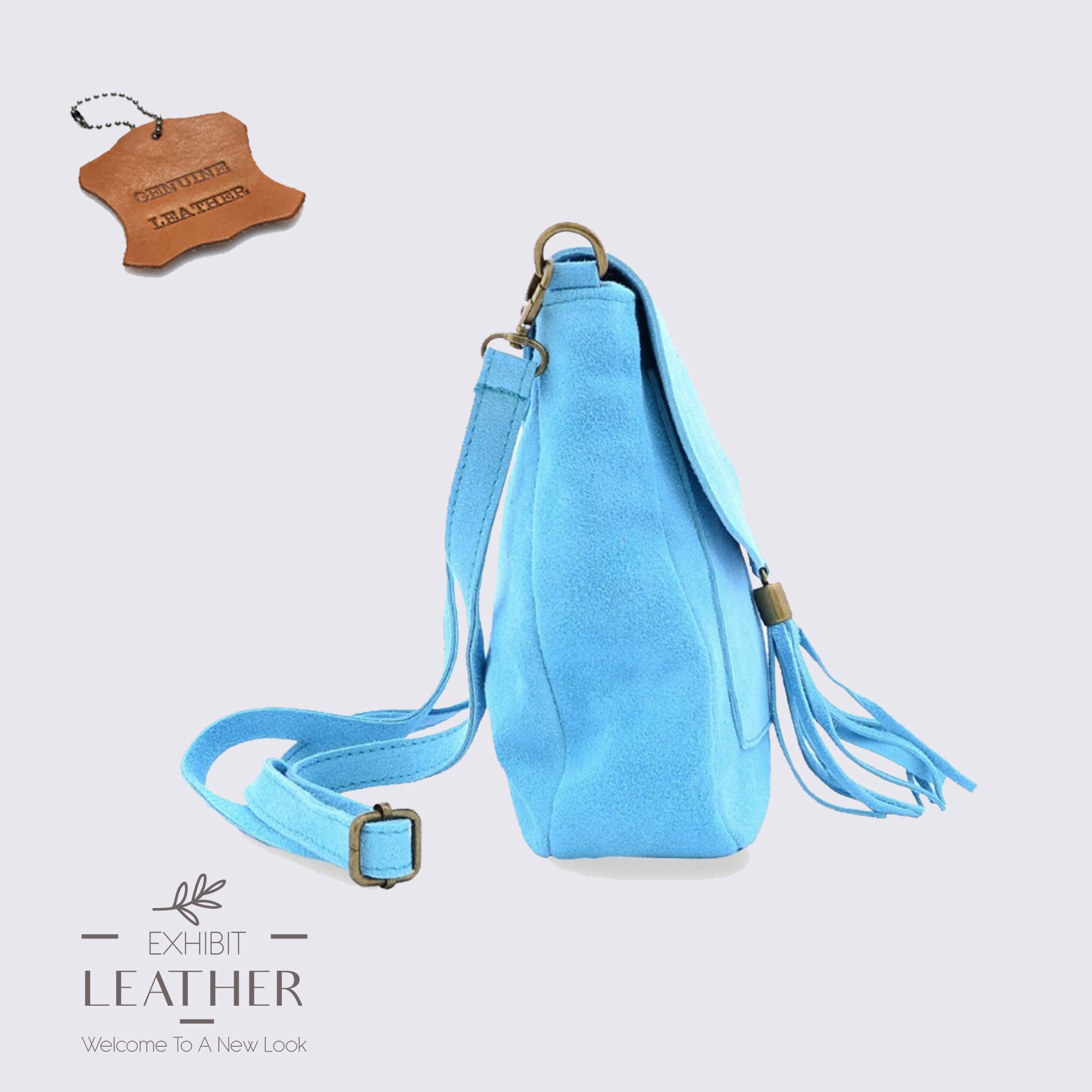 Light Blue Suede Real Leather Small Crossbody Bag, Genuine 