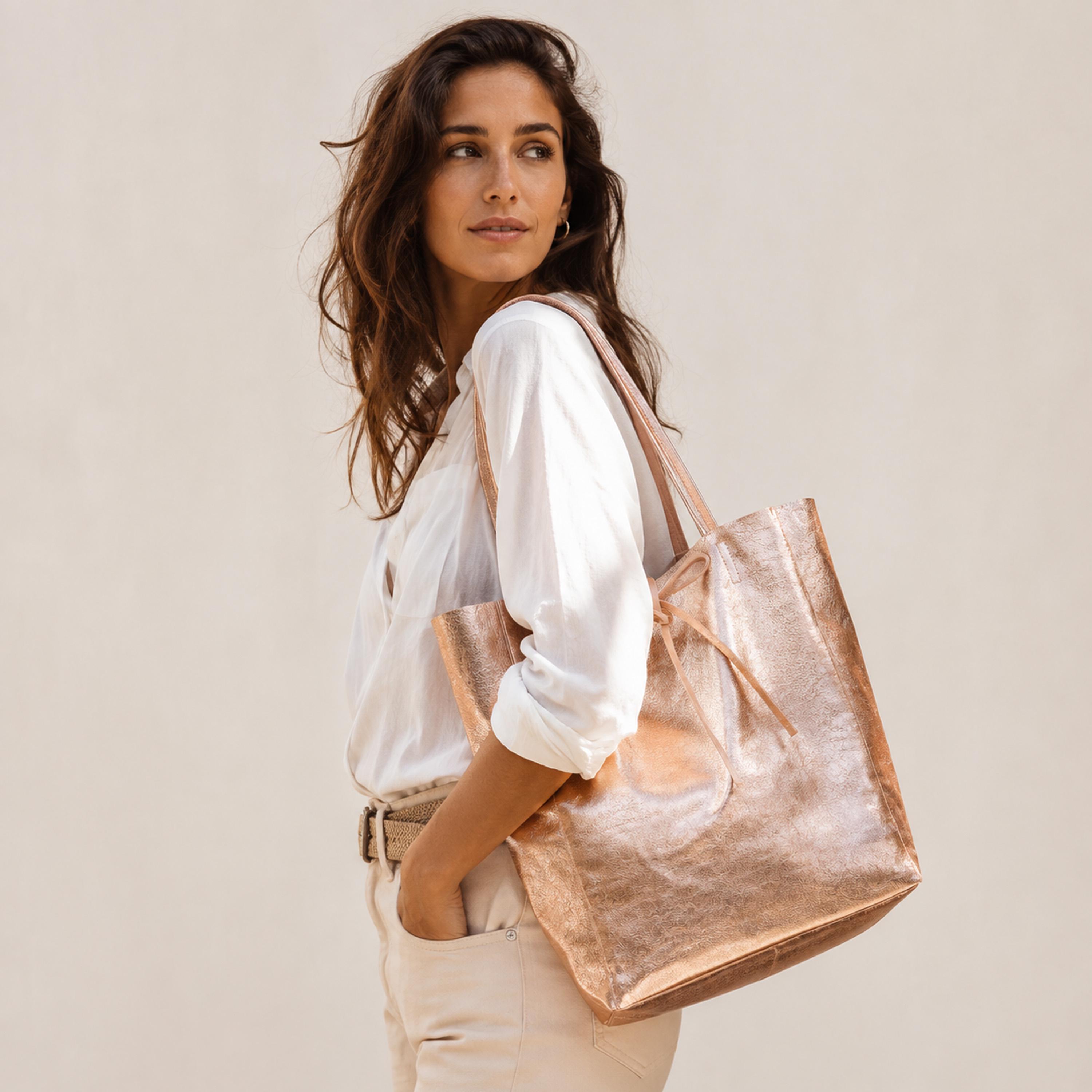 Rose Gold Genuine Leather Tote Bag: Large Shopper, Everyday Use