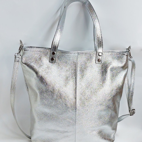 Silver Leather Tote Bag: Top Zip Crossbody Laptop Bag - Etsy