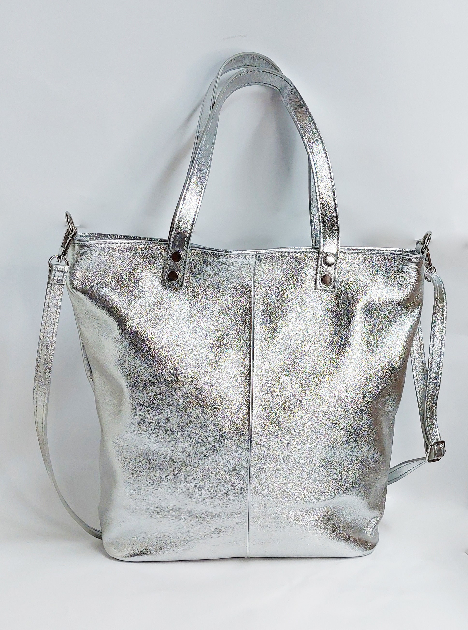 ● angelie ● TOAST BAG MEDIUM / SILVER Silver Leather Tote Bag: Top Zip Crossbody Laptop Bag - Etsy