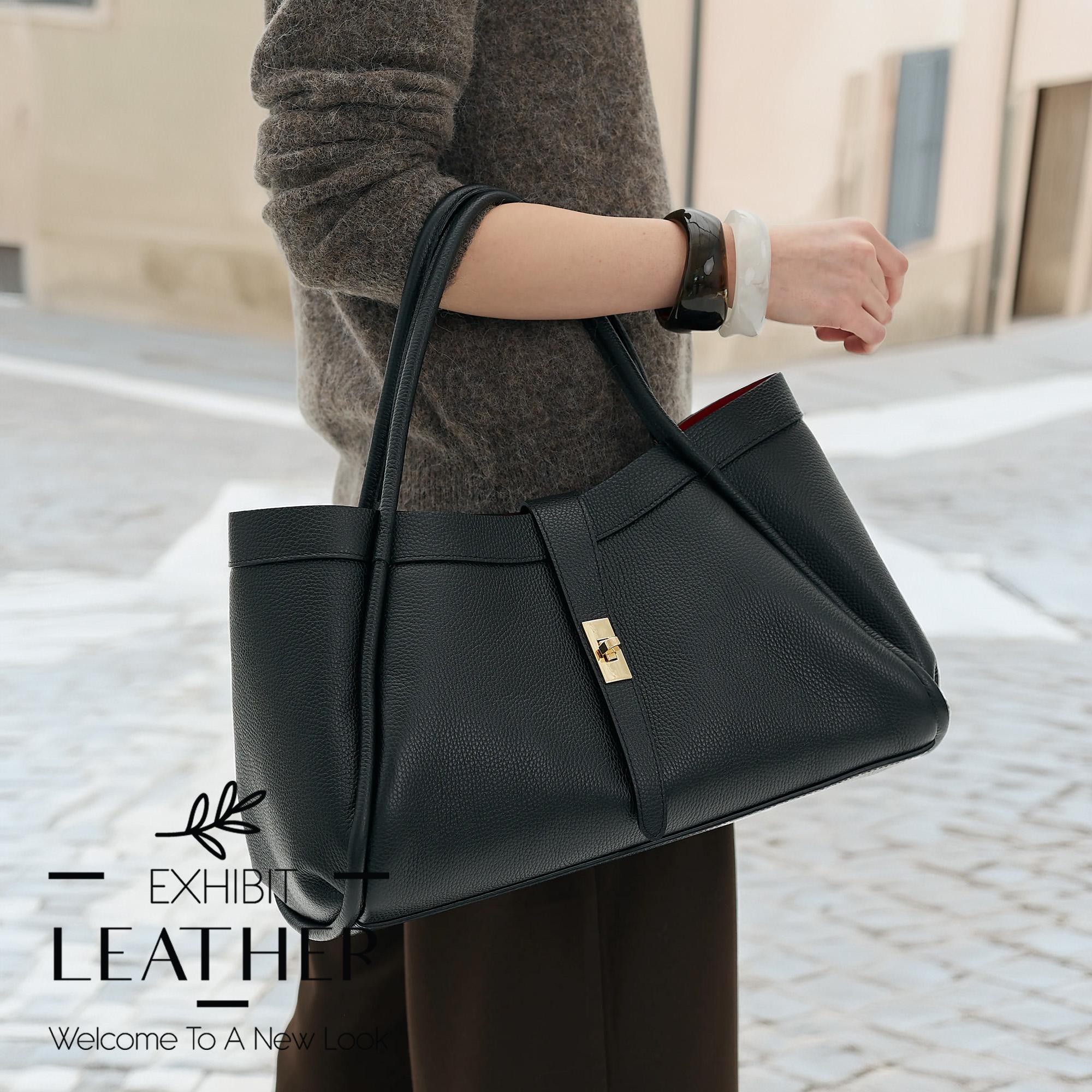 Italian Black Leather Tote Bag – Gold Hardware, Removable Strap