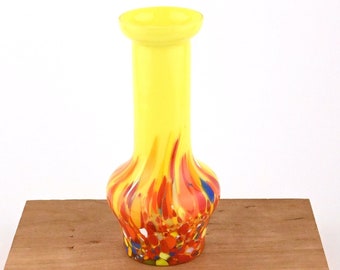 Vintage Czech Art Deco Yellow Spatter Glass Bud Vase