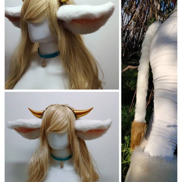 Faux fur Ears Tail Horns Chocker Cow Kojirou Guzerat  Horned Goat Dear Demon Lord Lucife Ram Elf Animal play Cattle Costume Anime Fairy tail