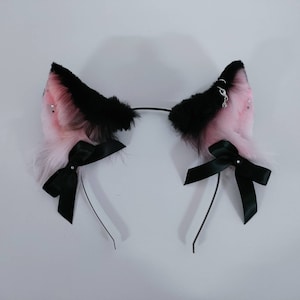 Neko Ears Headband, Tail and a Cat in the Moon Chocker Necklace Black & Pink Puppy Ears Floppy Dog ears Kitten play Cosplay Animal Costume