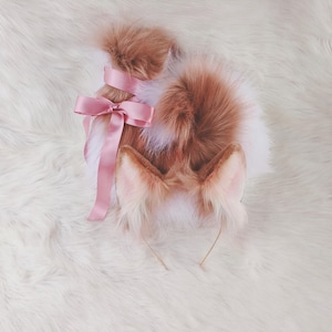 Golden Pink and White Puppy Dog Ears Headband and Curled Tail, Floppy ears Animal play Cosplay Animal Costume Anime Character