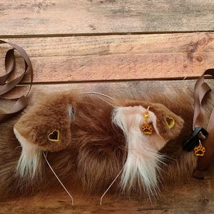 Good Girl Faux Fur Puppy Set – Brown Ears with Golden Details, Tail with Satin Belt, & Bone Pendant Choker